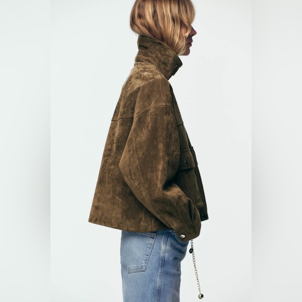 Zara Olive Brown natural suede leather bomber jacket - Picture 7 of 11